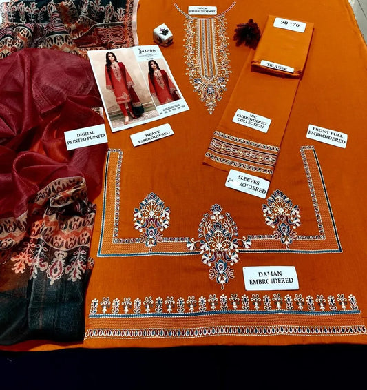 3 Pcs Women's Unstitched Embroidered Suit